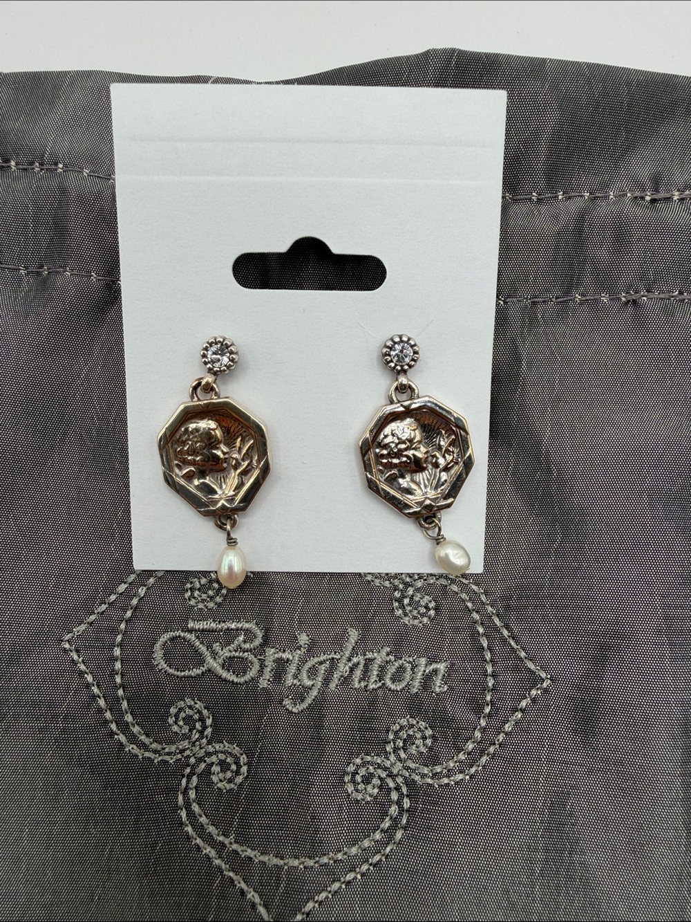 Brighton Silver-Tone Floral Medallion Drop Earrings with Pearl